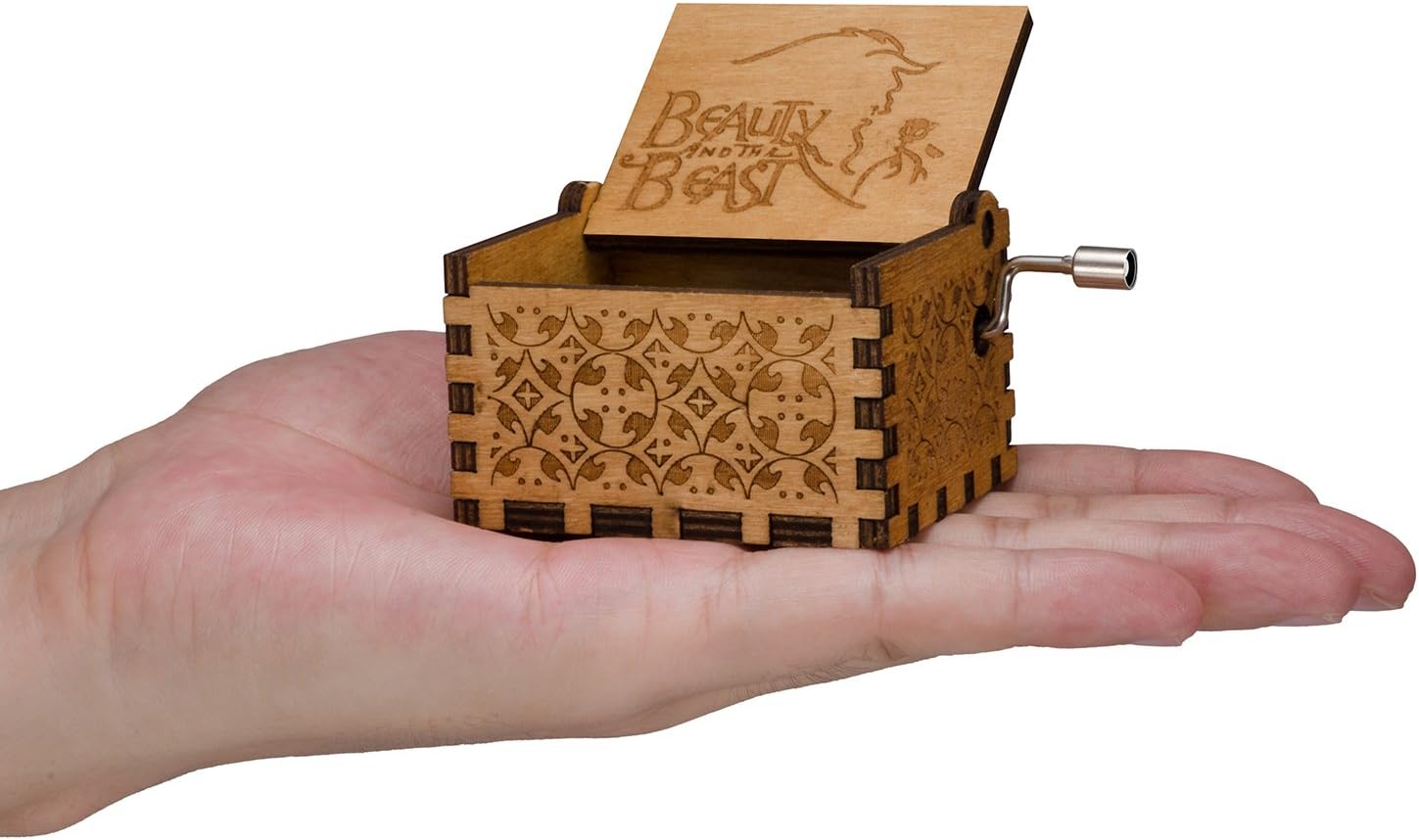 Wooden Hand Crank Beauty and the Beast Theme Music Box, 18 Note Mechanism Antique Carved Musical Box Best Gift For Kids,Friends