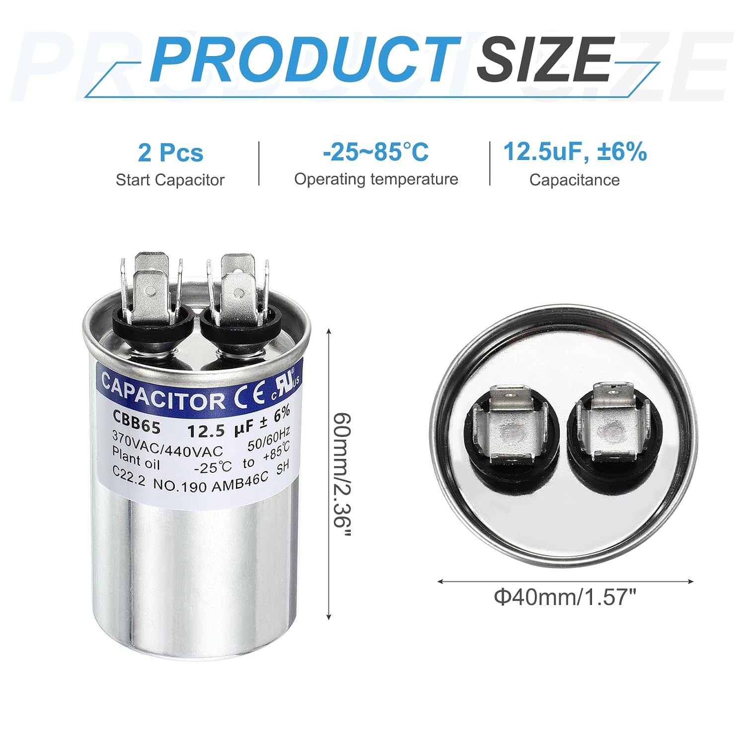MECCANIXITY 2Pcs 12.5MFD CBB65 Run Start Capacitor 12.5uF, 370/440V Round AC Capacitor for AC Motor Run, HVAC, Air Conditioner, Condenser Motors