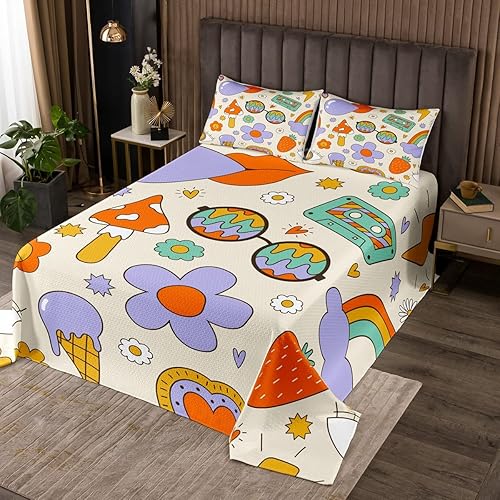 Erosebridal Juego de colcha de decoración de fiesta para niños y niñas, juego de colcha de hongos hippie kawaii fresa King, edredón retro con cinta
