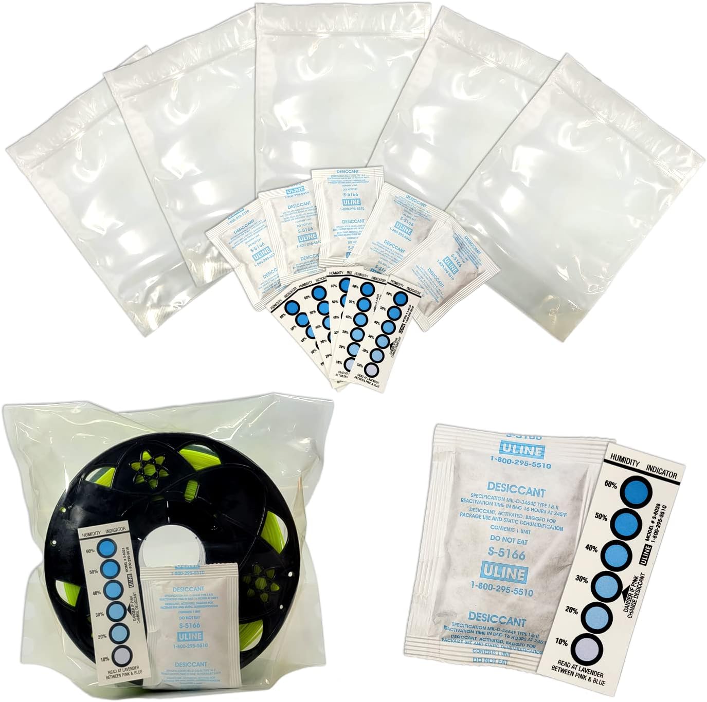 5Pack Resealable 3D Printer Filament Storage Bags with Desiccant Packs