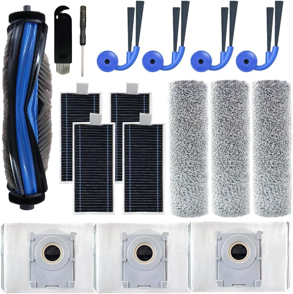 Replacement Accessories Kit Compatible With Ecovacs DEEBOT X9 PRO Omni Robot Vacuum, Includes 1 Roller Brush + 4 Side Brushes + 4 Filters + 3 Mopping Rollers + 3 Dust Bags