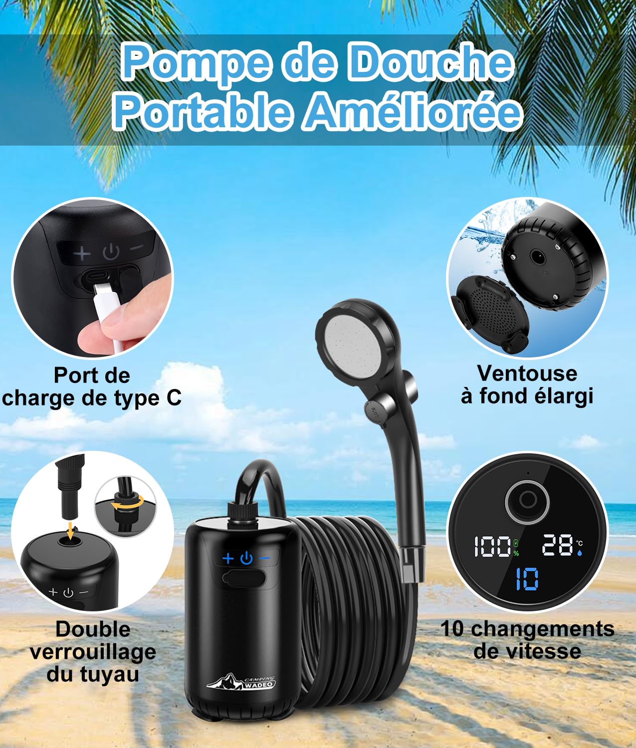 Douche De Camping Extérieure, Douche Rechargeable USB, Idéale Pour Le Voyages Et Lavage De Voiture Bleu 95833806