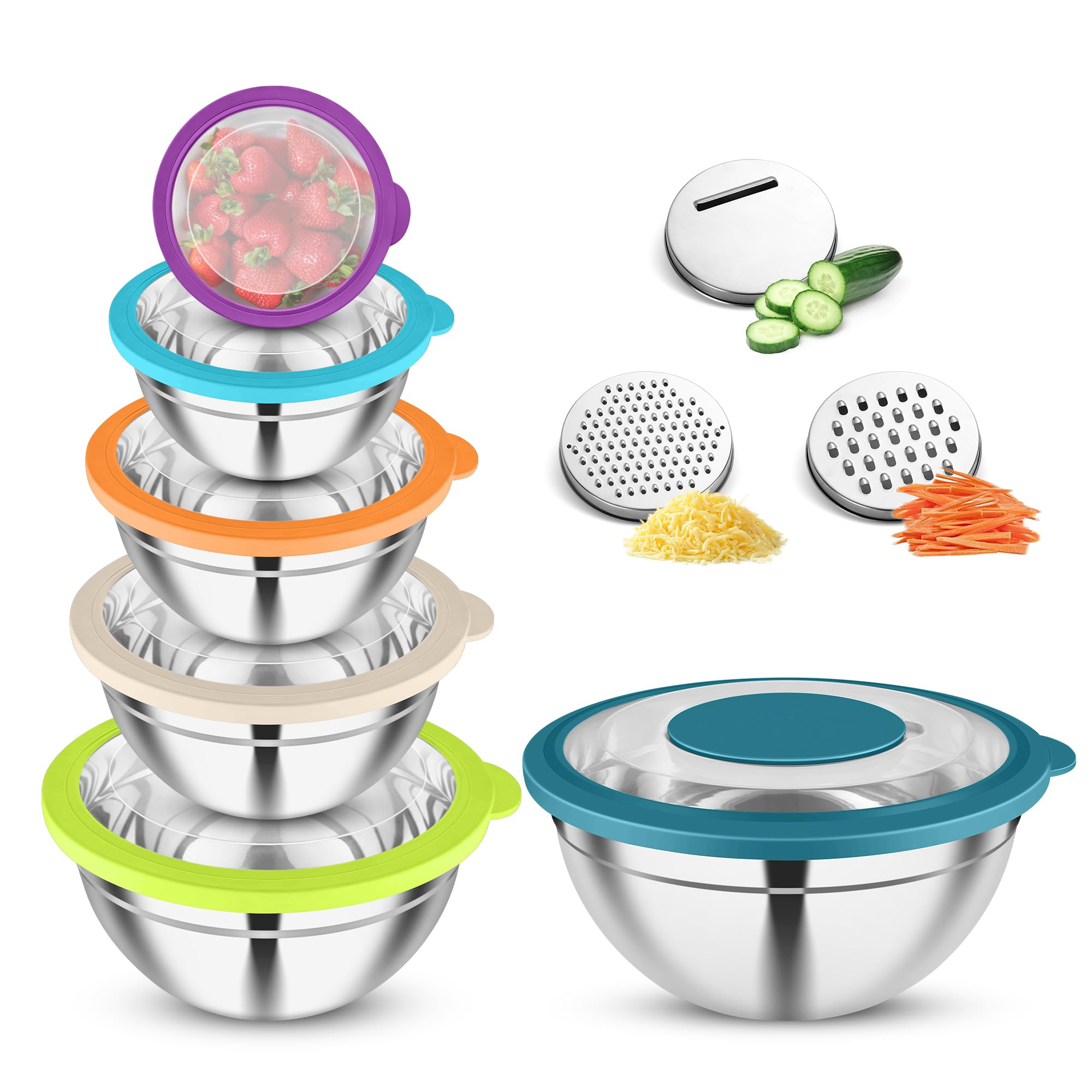 Joyfair Juego de 6 cuencos de acero inoxidable con tapa transparente y 3 accesorios para rallador, 4,5 L, 2,7 L, 2 L, 1,5 L, 1,2 L, 0,7 L, ensaladera para cocinar, apilable y apto para lavavajillas