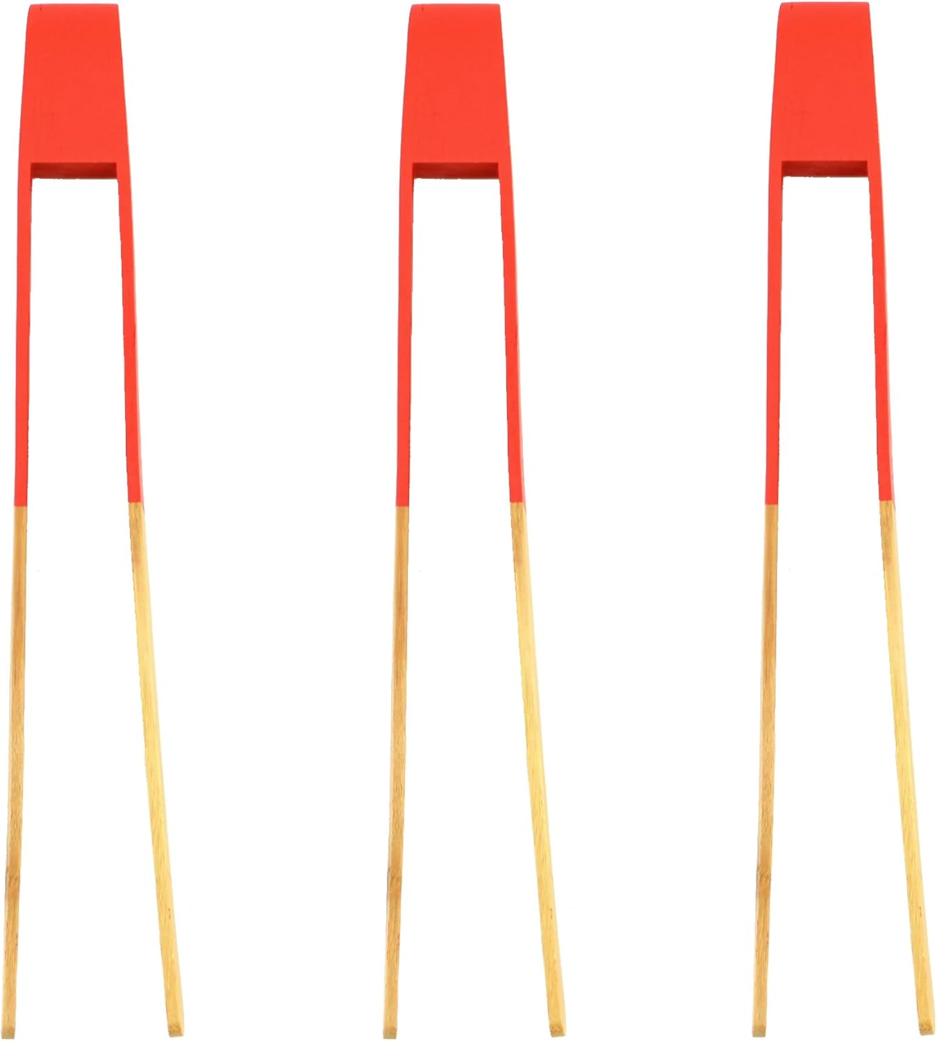 BambooMN Premium 10" Reusable Bamboo Kitchen "A" Toast Tongs For Cooking & Holding - Red - 30 Pieces