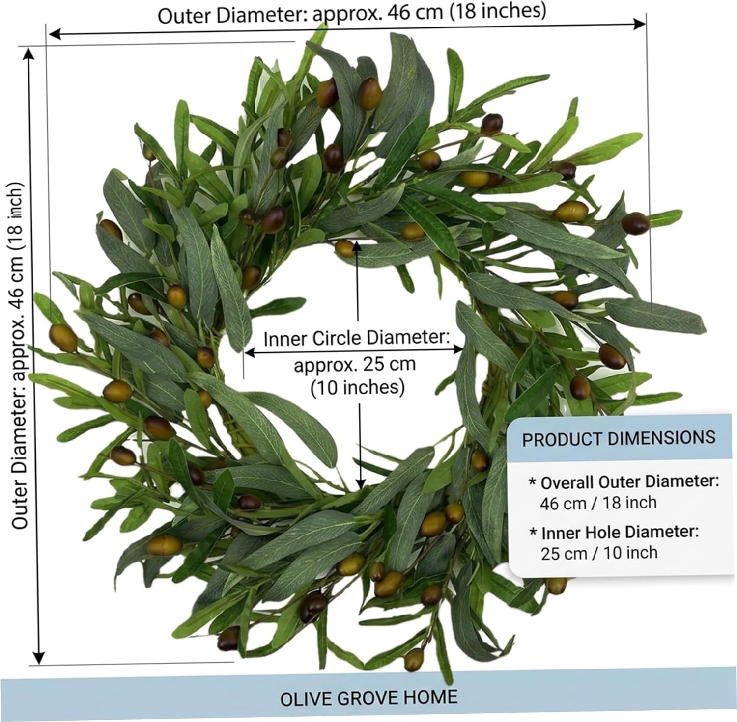 Olive Wreath, 18 Inch Artificial Greenery Wreath with Sturdy Iron Ring, Realistic Olive Branch and Leaf for Spring Summer Home Decor, Greenery, Wreaths for Front Door