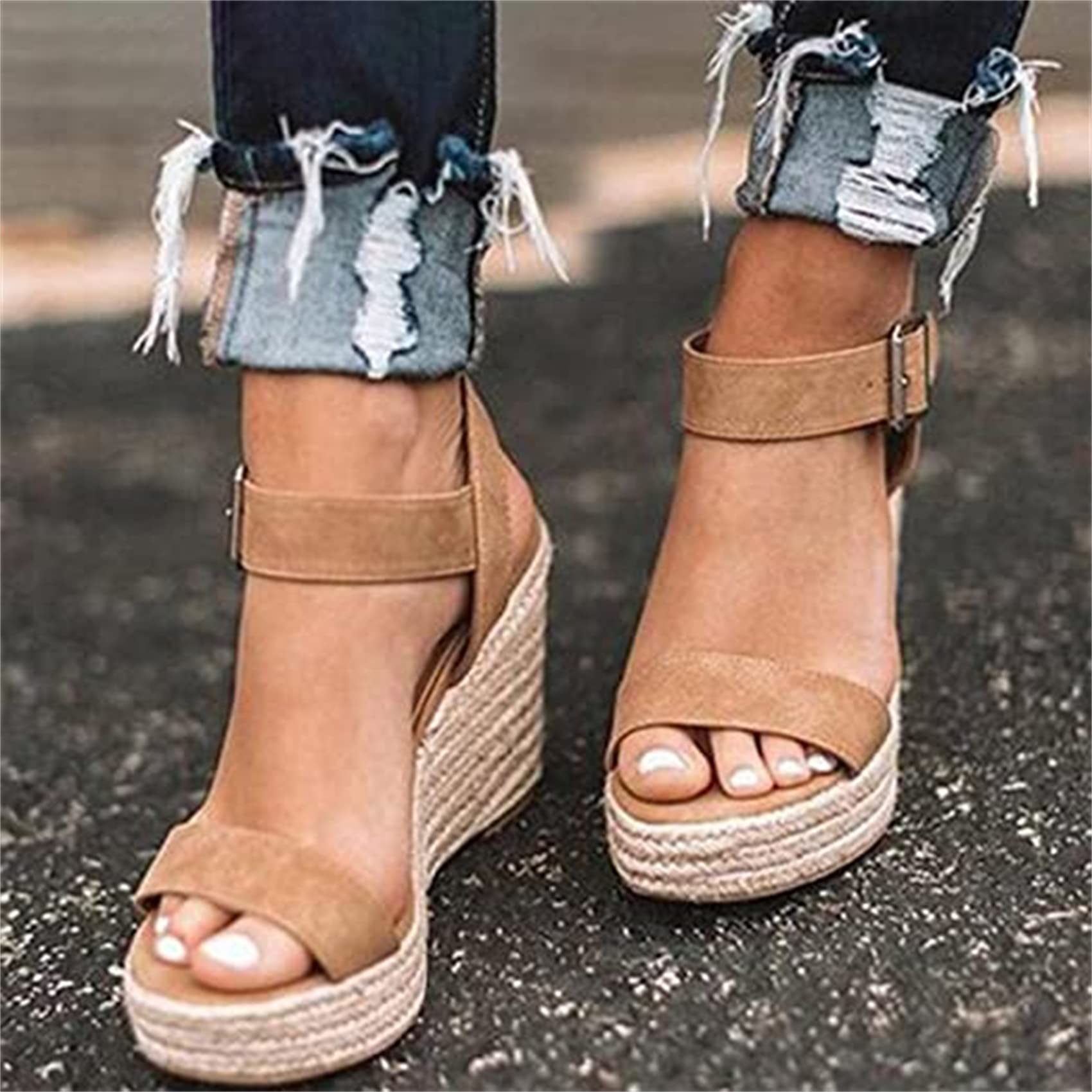 Sandali da Donna Eleganti Sandali Estivi con Plateau Espadrillas Sandali con Tacco Alto Sandali Casual Cinturino alla Caviglia Tacco Pendente Punta Aperta Scarpe Romane, US4.5/EU35