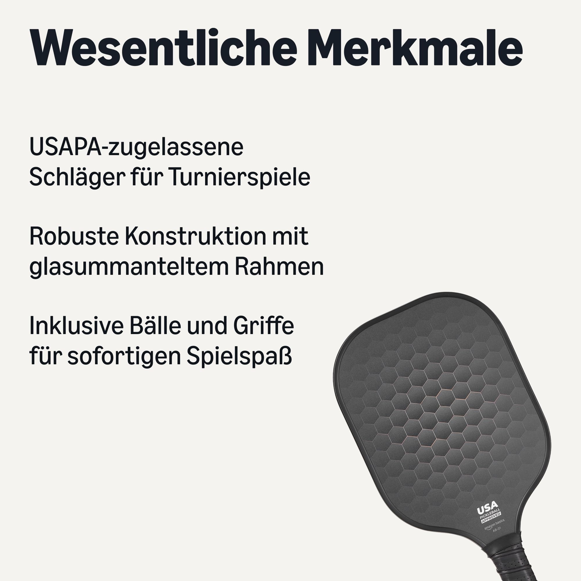 Amazon Basics USAPA-Zertifiziertes Pickleball-Schläger-Set mit 4 Bällen und 2 Griffen, Glasrahmen, Stealth-Schwarz, 2er-Pack