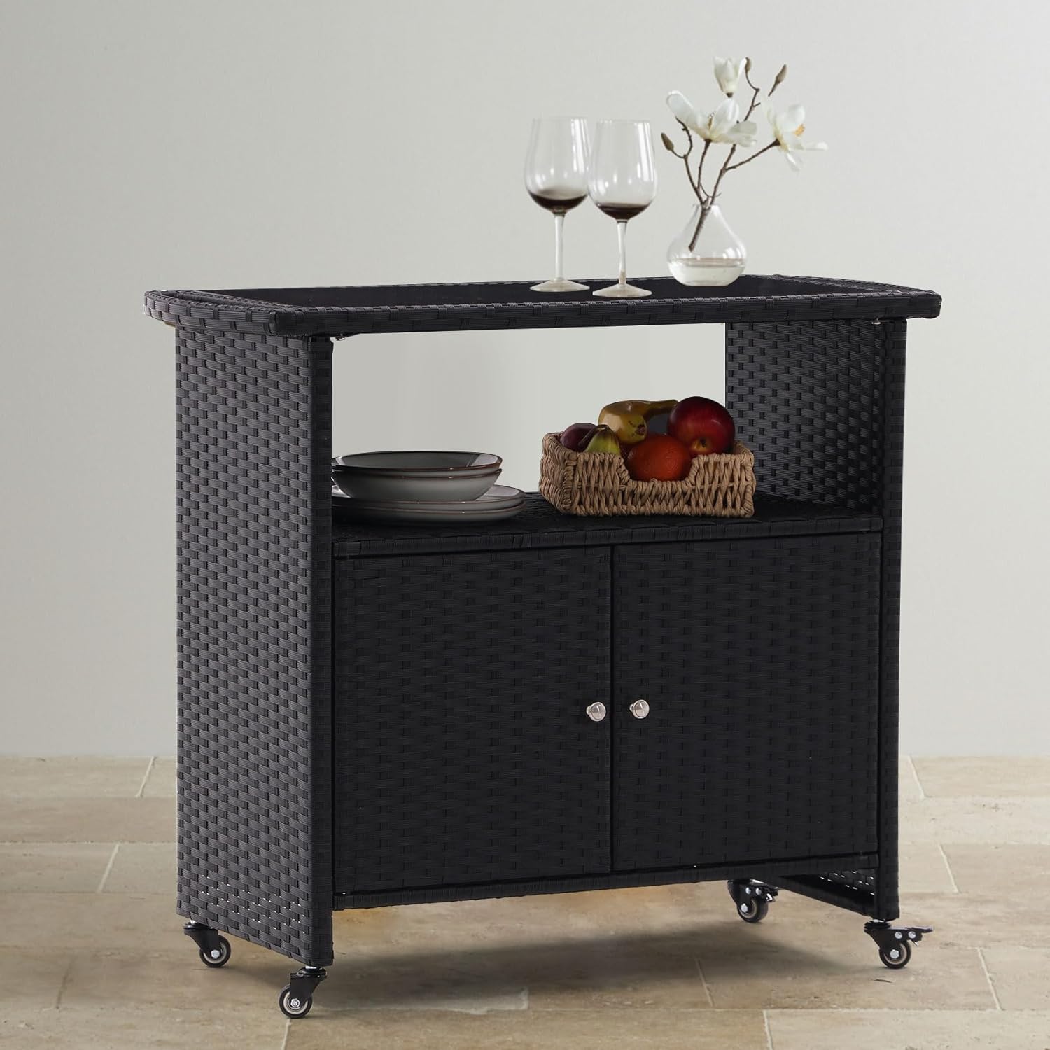 All-Weather PE Wicker Bar Cabinet with Galvanized Steel Frame - 2-Door Outdoor Waterproof Storage Cabinet for Home Bar, Wine Storage & Poolside, Patio Outdoor Rattan Bar Cart on Wheels