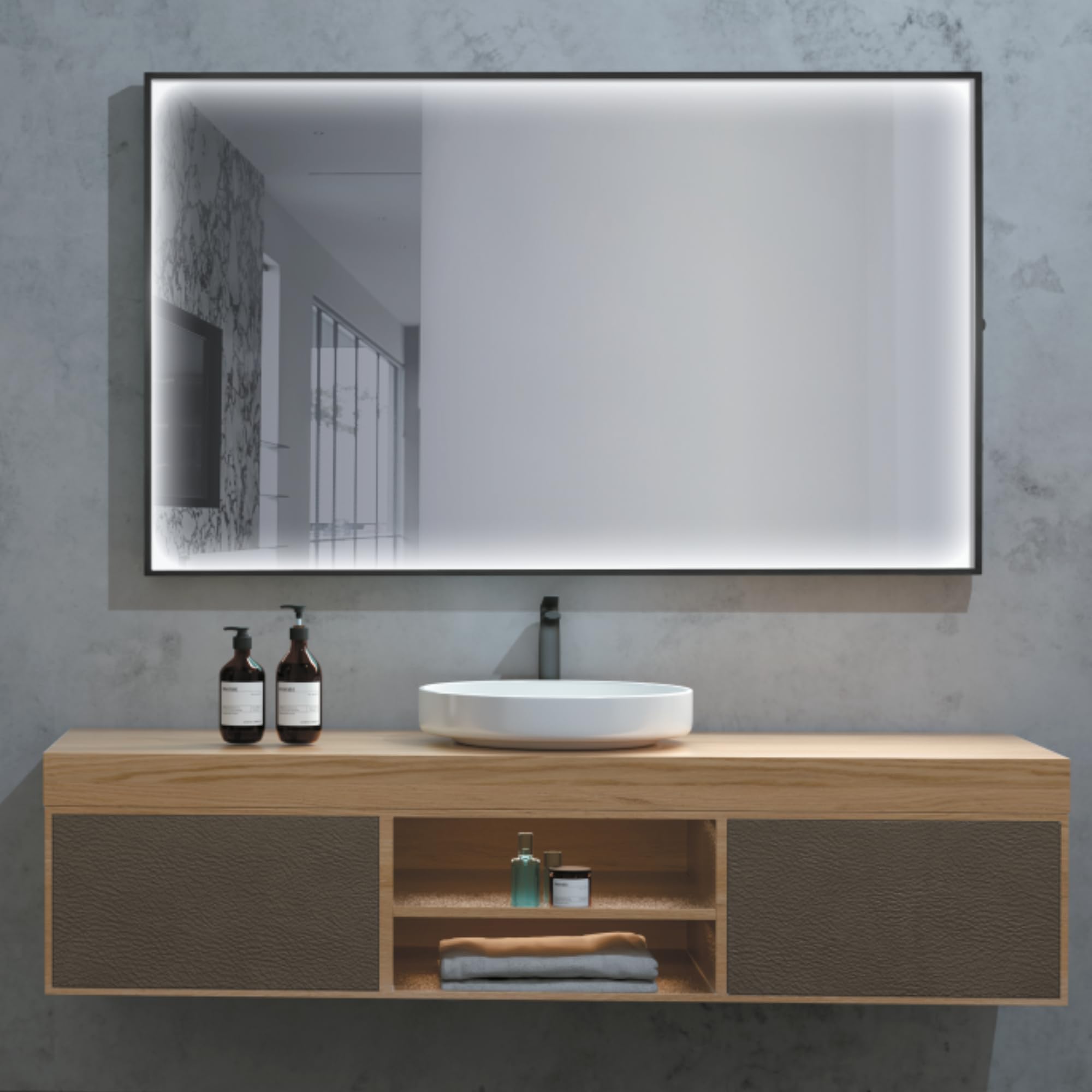 LEDIMEX - Espejo Baño con Luz LED y Antivaho 100x80cm | Espejo Cuarto de Baño con Luz Perimetral (Cálida, Neutra y Fría) y Sensor ON/Off | Espejo Rectangular de Pared con Marco Negro para Mueble