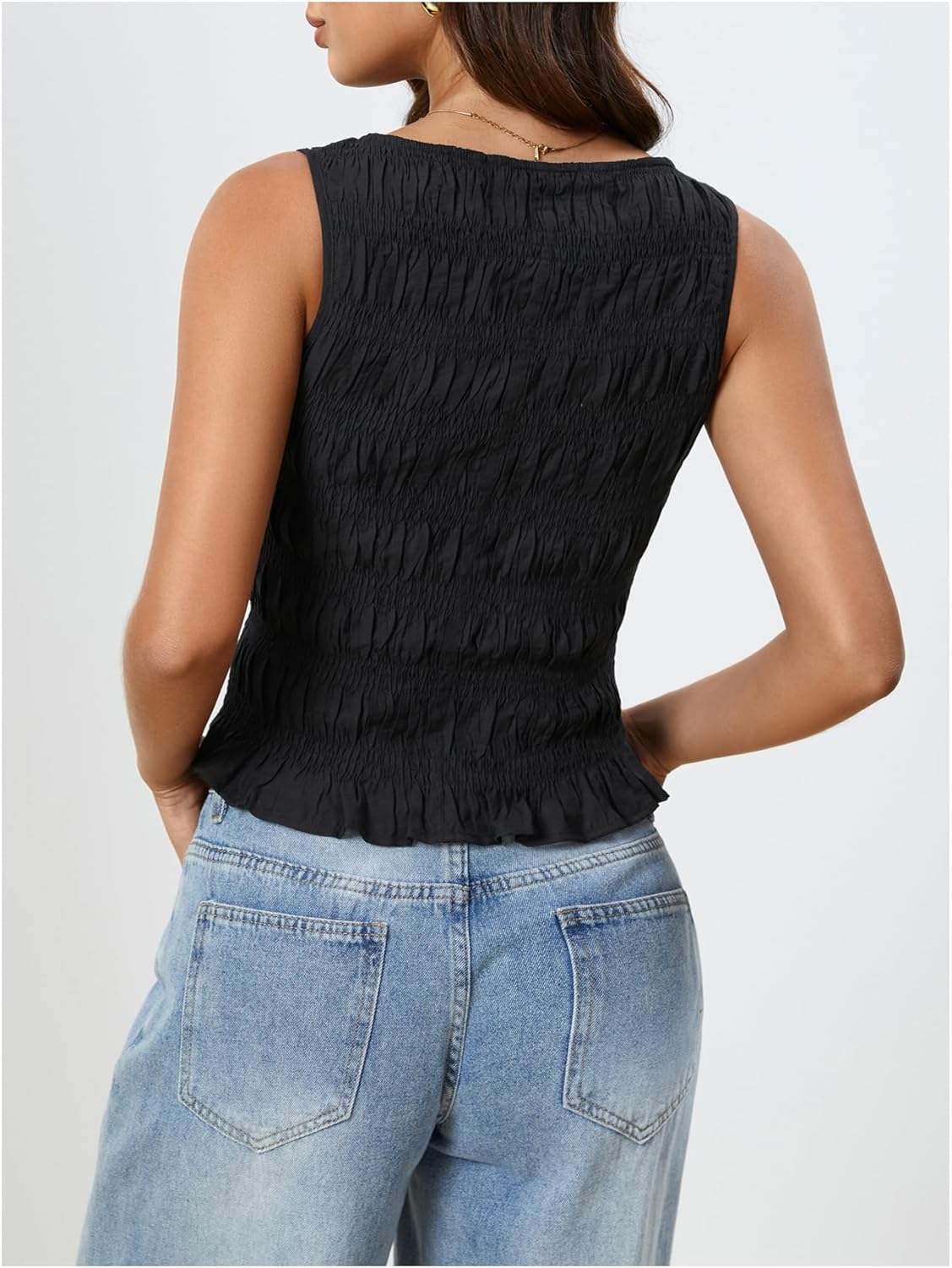 Milumia Women's Summer Sleeveless Shirred Crop Tank Top Crew Neck Smocked Ruffle Hem Shirt Top - Image 2