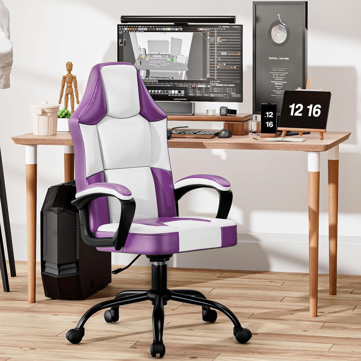 Sedia da gioco ergonomica, sedia per computer regolabile in altezza, sedia per PC in pelle di Pu con rotelle, per adulti (Viola)