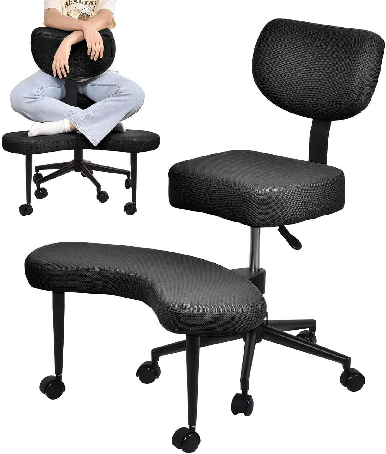 Cross Legged Meditation Chair Ergonomic Breathable Mesh Height Adjustable 18.7-23.2" 300 lbs Support 360° Swivel Casters & Footstool for Home Office Black