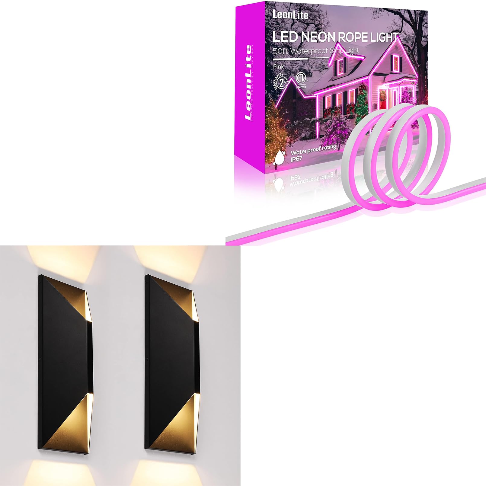 LEONLITE Dimmable LED Up Down Wall Light Bundle 50FT LED Neon Rope Lights, 2 Pack 100-277V 14 Inch Modern Porch Light & 1-Pack IP67, Pink Light Flexible Valentine's Day Decoration Neon Strip Lights