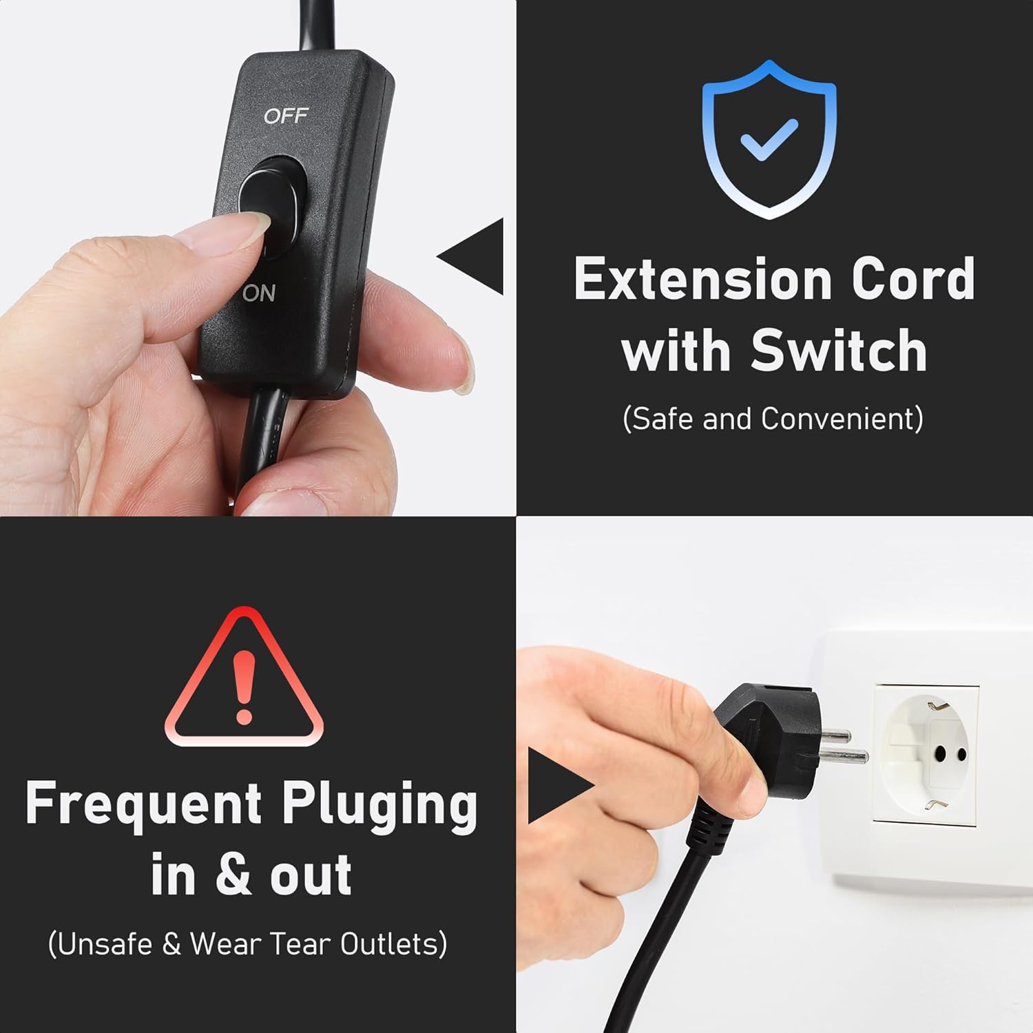 Extension Cord with Switch On/Off, 13 FT, 18AWG Indoor Power Cord, 3 Prong Grounded Plug, 125 Volts, 3 Amps, NEMA 5-15P to NEMA 5-15R, UL Listed, Black