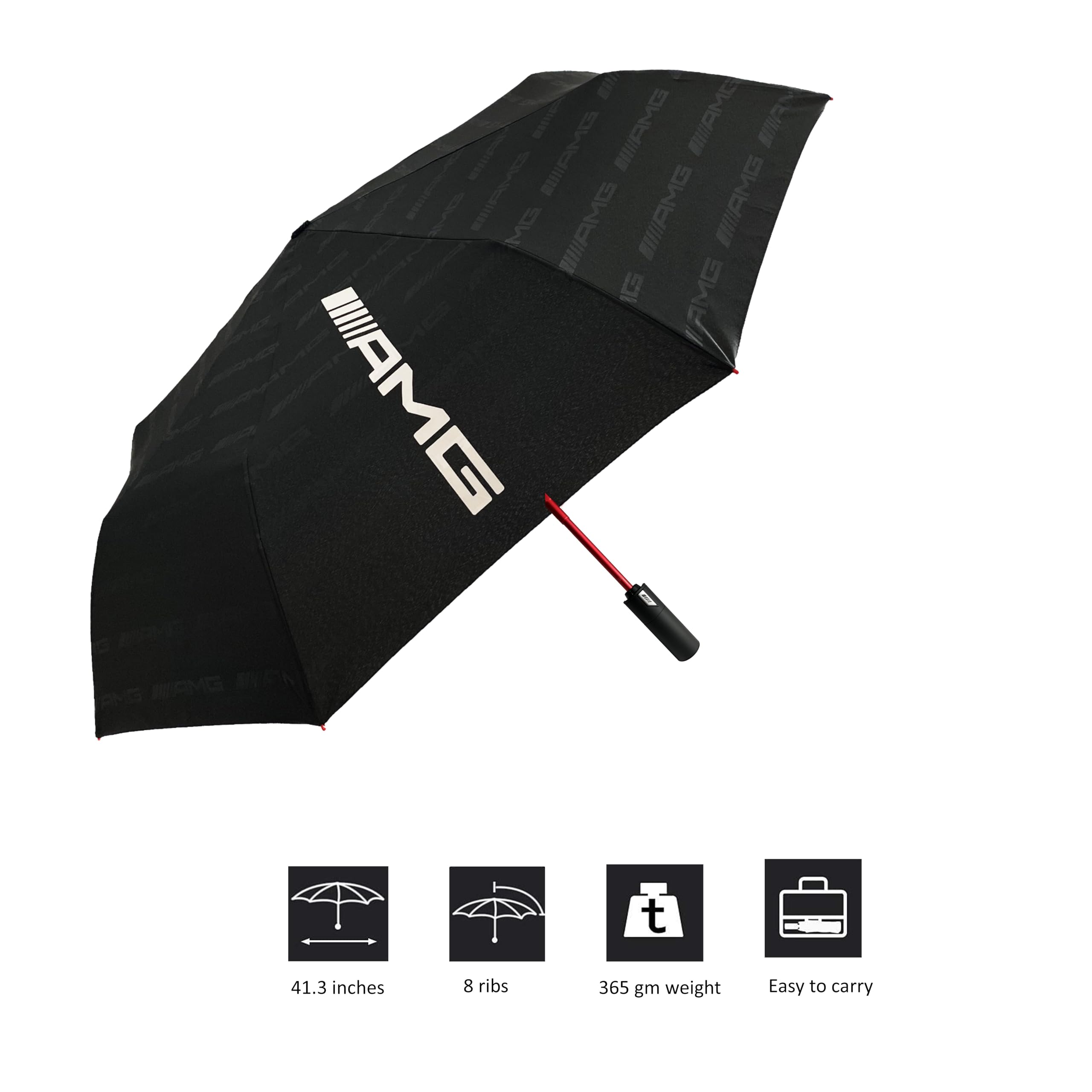 Paraguas Plegable AMG Auténtico – Antiviento, Apertura y Cierre Automáticos, Compacto de Viaje, Diseño Negro y Rojo Premium, Resistente y Ligero para Todo Clima
