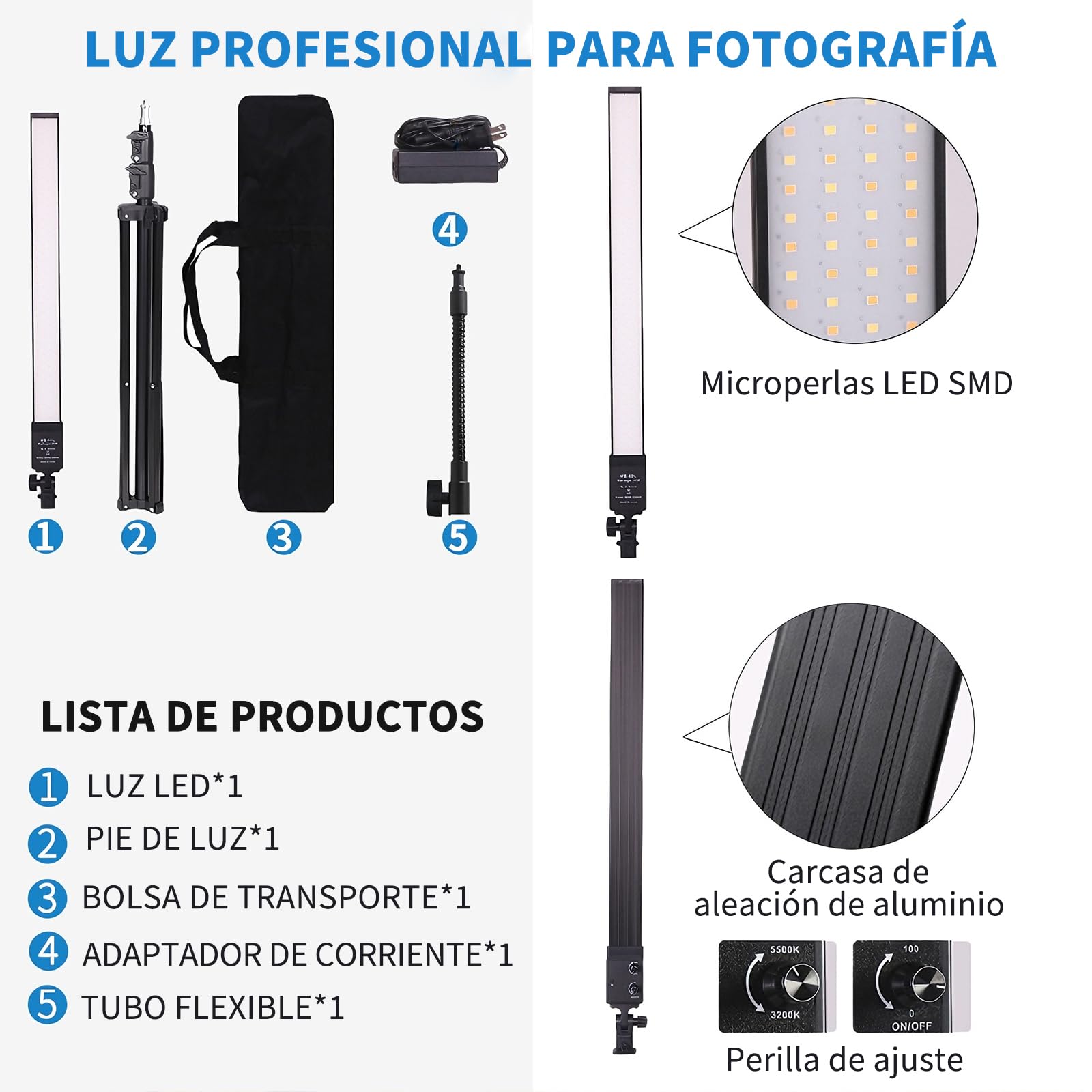 Kit de Iluminación LED para Fotografía y Vídeo, Regulable Bicolor con Soporte y Bolsa, para Retratos, Grabación de Youtube, Tatuaje de Cejas y Extensión de Pestañas