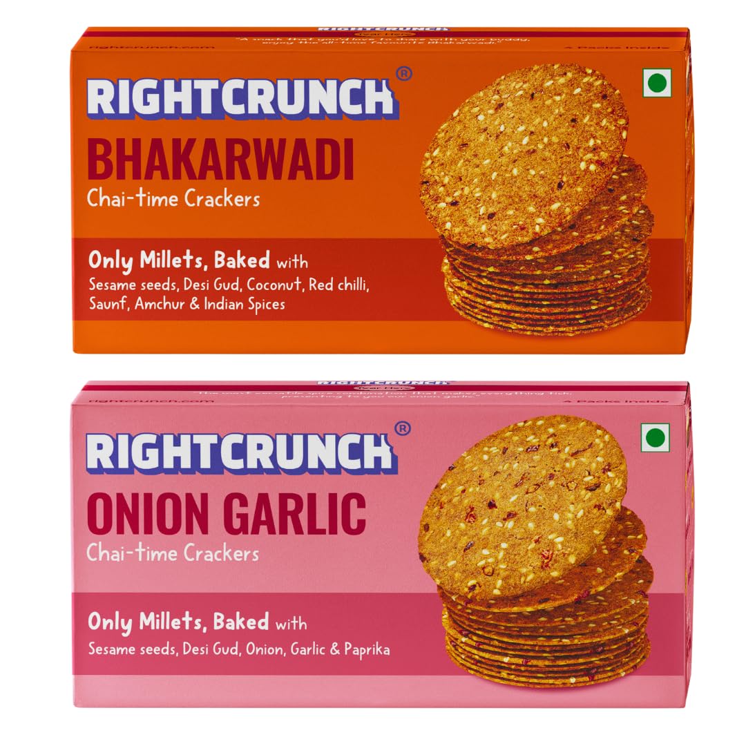 RIGHTCRUNCH Millet Crackers Combo - Gluten-free, Baked, Healthy snacks for Chai time - Bhakarwadi, Onion Garlic Pack of 2-360g (B0D8WS2TJX) Amazon Price History, Amazon Price Tracker