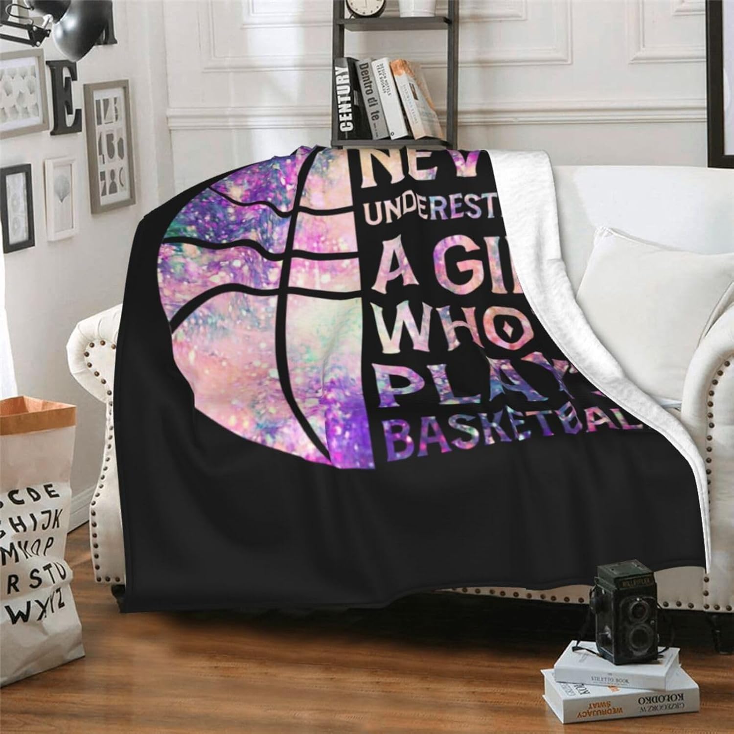 Basketball Throw Blanket, 80" x 60" Flannel Cool Basketballs Themed Printed Stuffed Plush Black Blankets, Soft Nap Throw Blanket for Home Girls Women Basketball Lovers Gifts