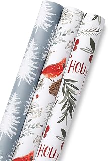 Christmas Wrapping Paper Roll – Set of 3 Mini Rolls, 17 Inch × 120 Inch Each – Holiday Gift Wrap with Cardinal Bird, Winter Pine Tree & Holly Jolly Designs – Thick Paper, No Crease, Perfect for Christmas Presents