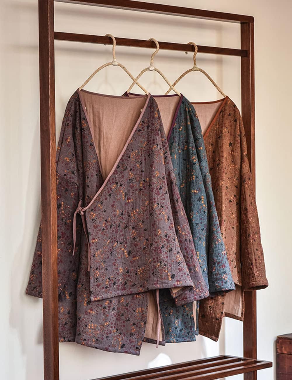 NFYM Women's Spring Kimono Cardigan Wrap Front Retro Hanfu Style Printed Trench Jacket with Self Tie