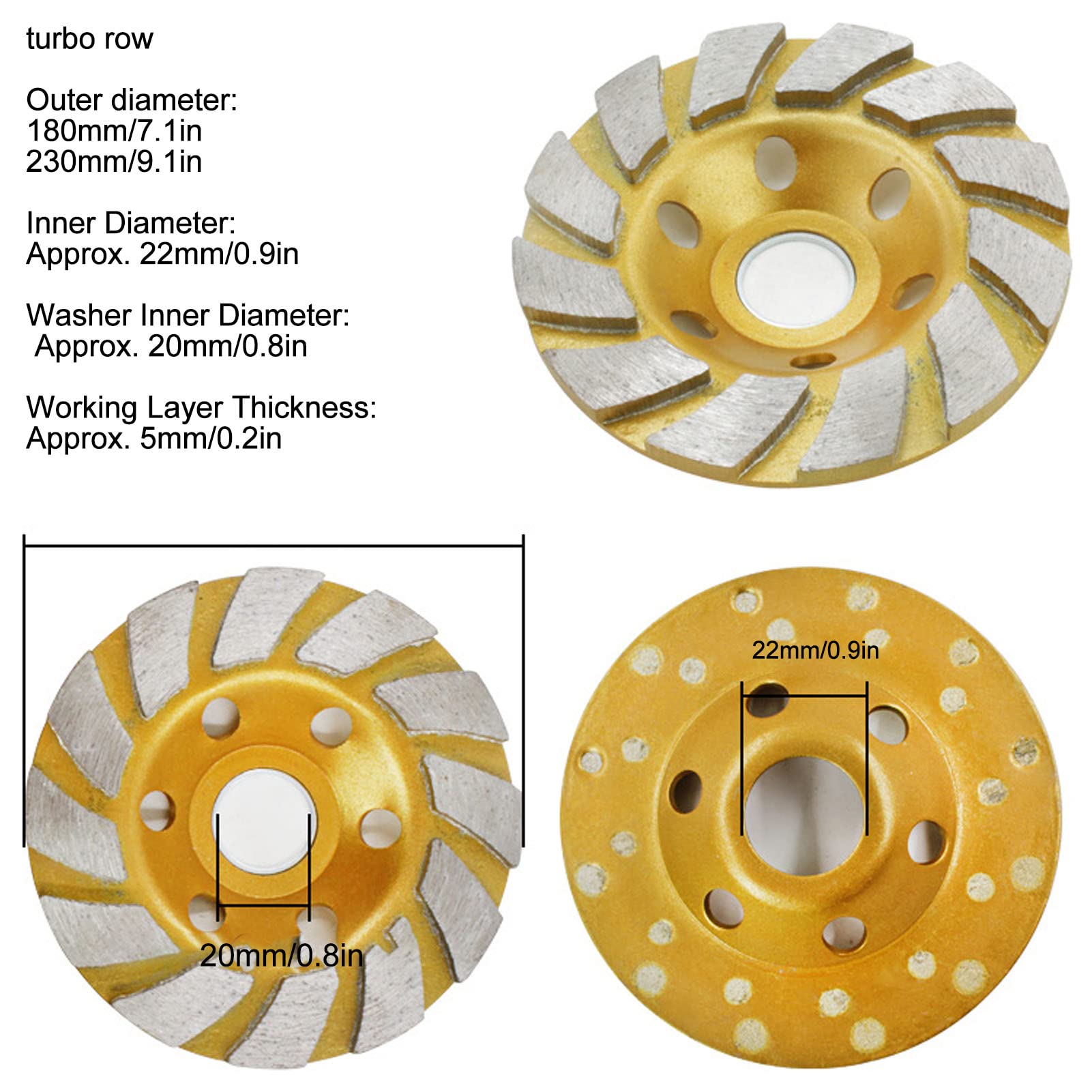 HHRFCS Diamentowa ściernica do betonu Diamentowa dwurzędowa ściernica szlifierska Tarcza szlifierska kątowa do szlifierki Polerowanie i czyszczenie kamienia / 230 mm / 9,1 cala