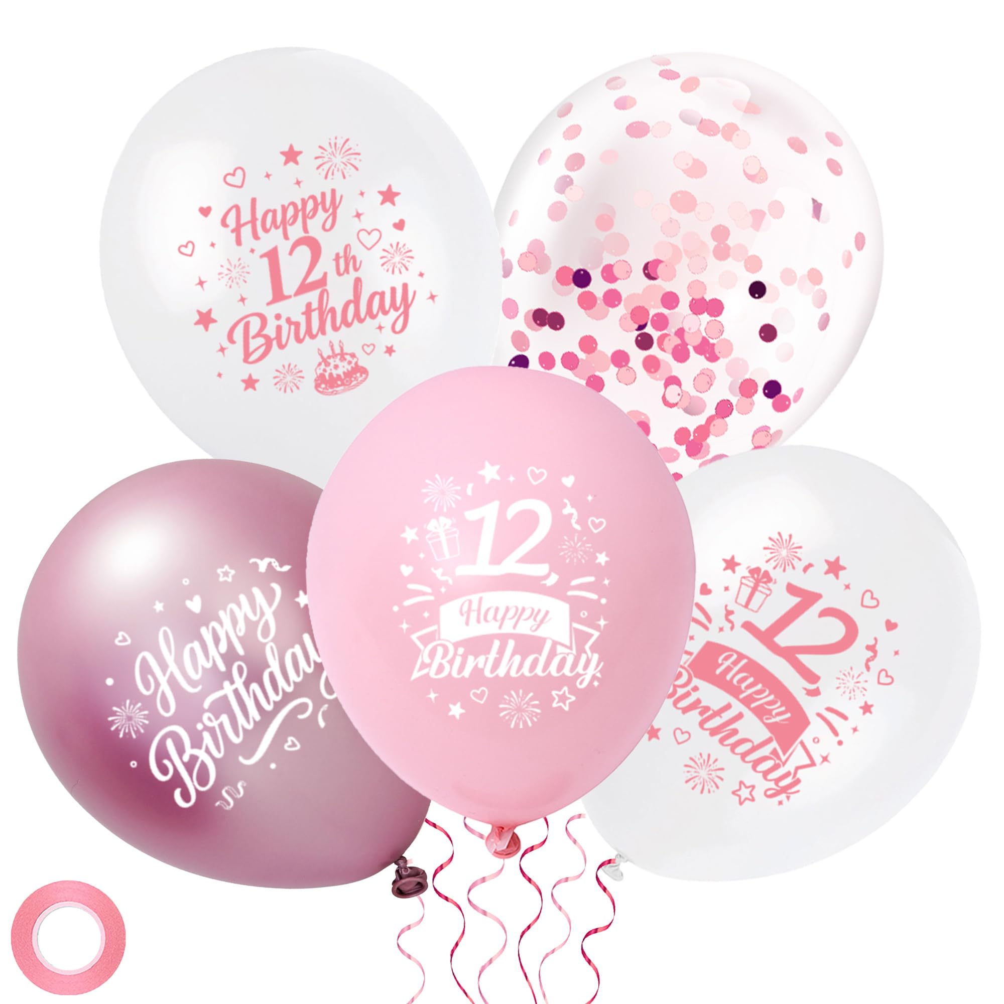 Pink 12th Birthday Balloons Decorations - 30pcs Latex Balloons with Ribbon for Girls, 12 Inch Happy 12th Birthday Party Balloon Decor Supplies