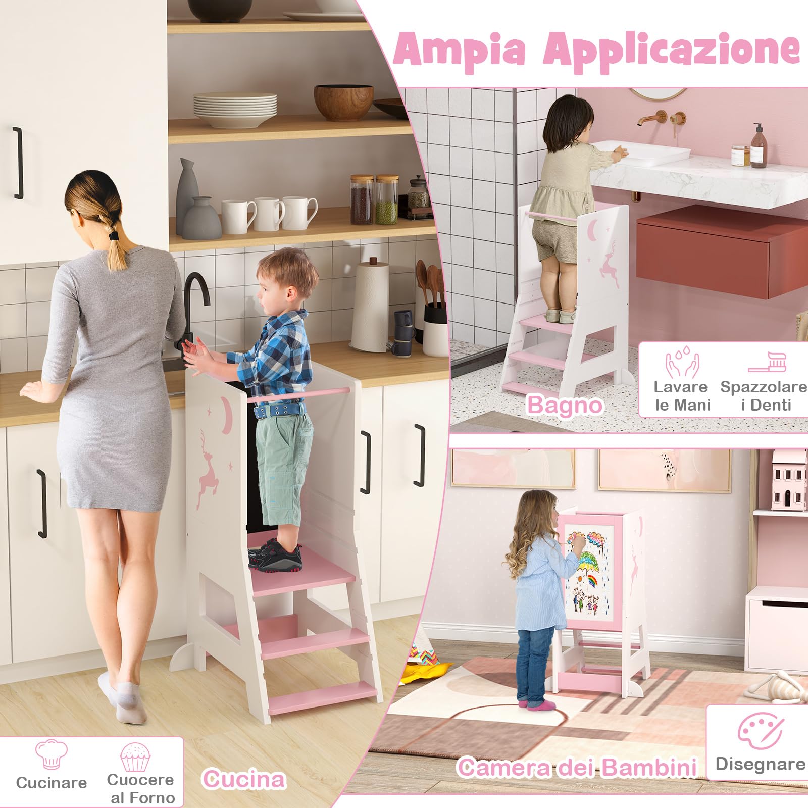 RELAX4LIFE Torre Montessoriana 3 in 1 per Bambini, Torre di Apprendimento Altezza Regolabile con Lavagna Bifacciale e Piedini Antiribaltamento, Rosa