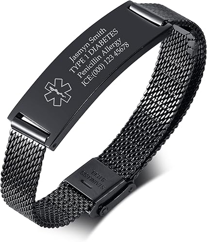 MEALGUET Pulsera de malla de acero inoxidable con grabado personalizado, pulseras de identificación de alerta médica para hombres y mujeres, pulsera