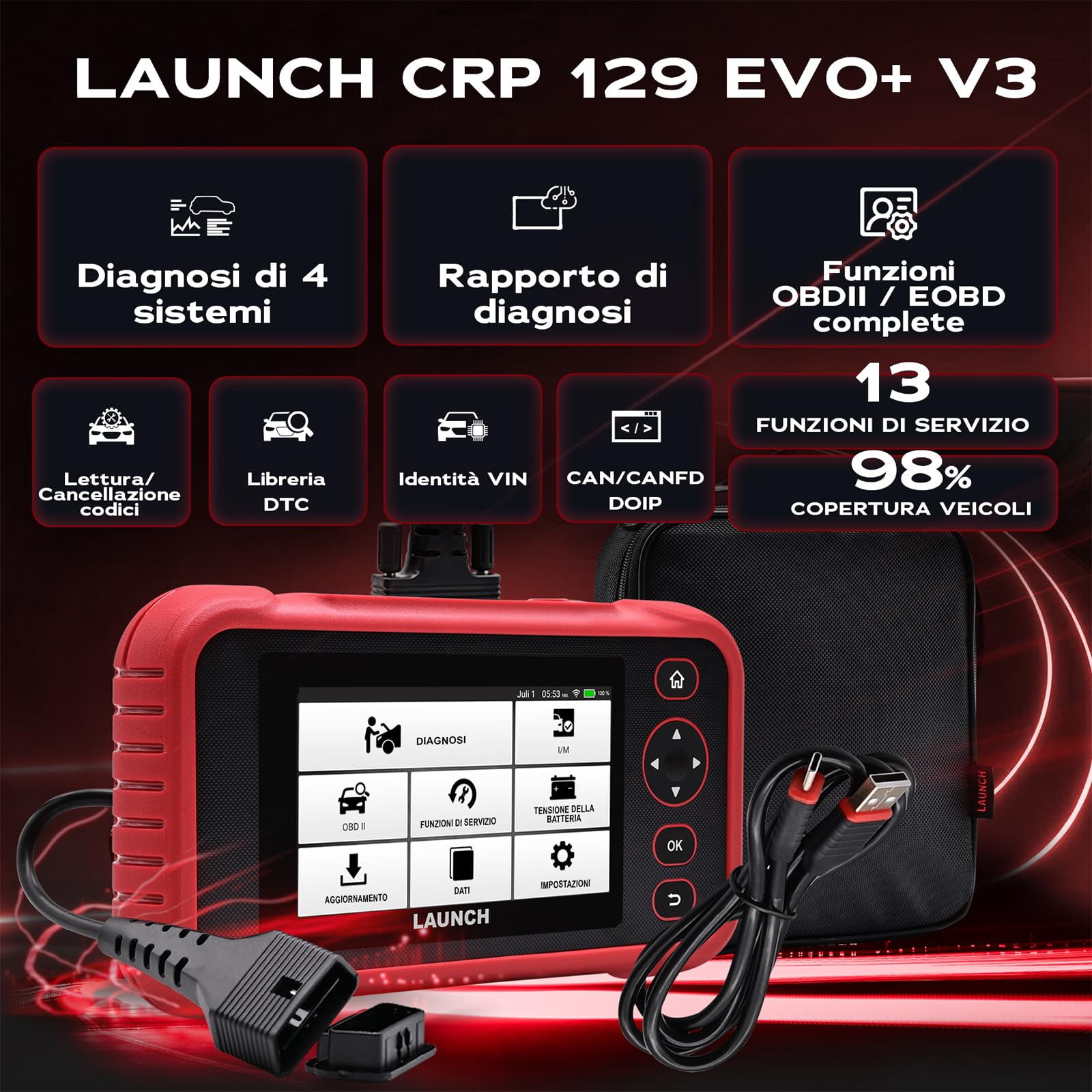 LAUNCH CRP129 EVO + V3 Scanner OBD2 Auto, 4 Sistemi e 13 Servizi | Diagnosi motore, ABS, SRS e cambio, codifica ECU, CAN FD e DoIP, aggiornamenti WiFi gratuiti a vita