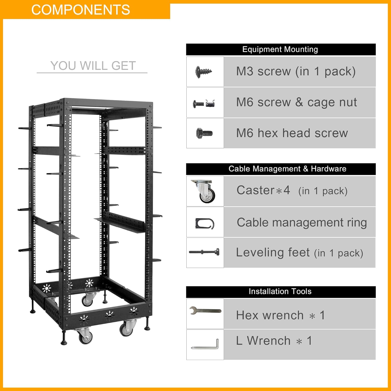 RIVECO 12U 19” Adjustable Depth Server Rack Floor Standing 4 Posts Construction with Load-Bearing Casters for Network Equipment +1U Rack Shelves 35CM Depth 2PCS