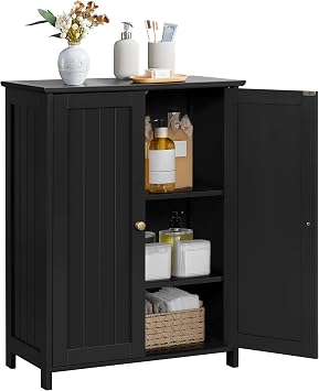Yaheetech Small Bathroom Storage Cabinet for Towels with 2 Doors, Black | Slim Freestanding Floor Organizer, 2 Adjustable Shelves Hold Toiletries, Fits Halls or Laundry Rooms, Beadboard MDF, 12" Deep