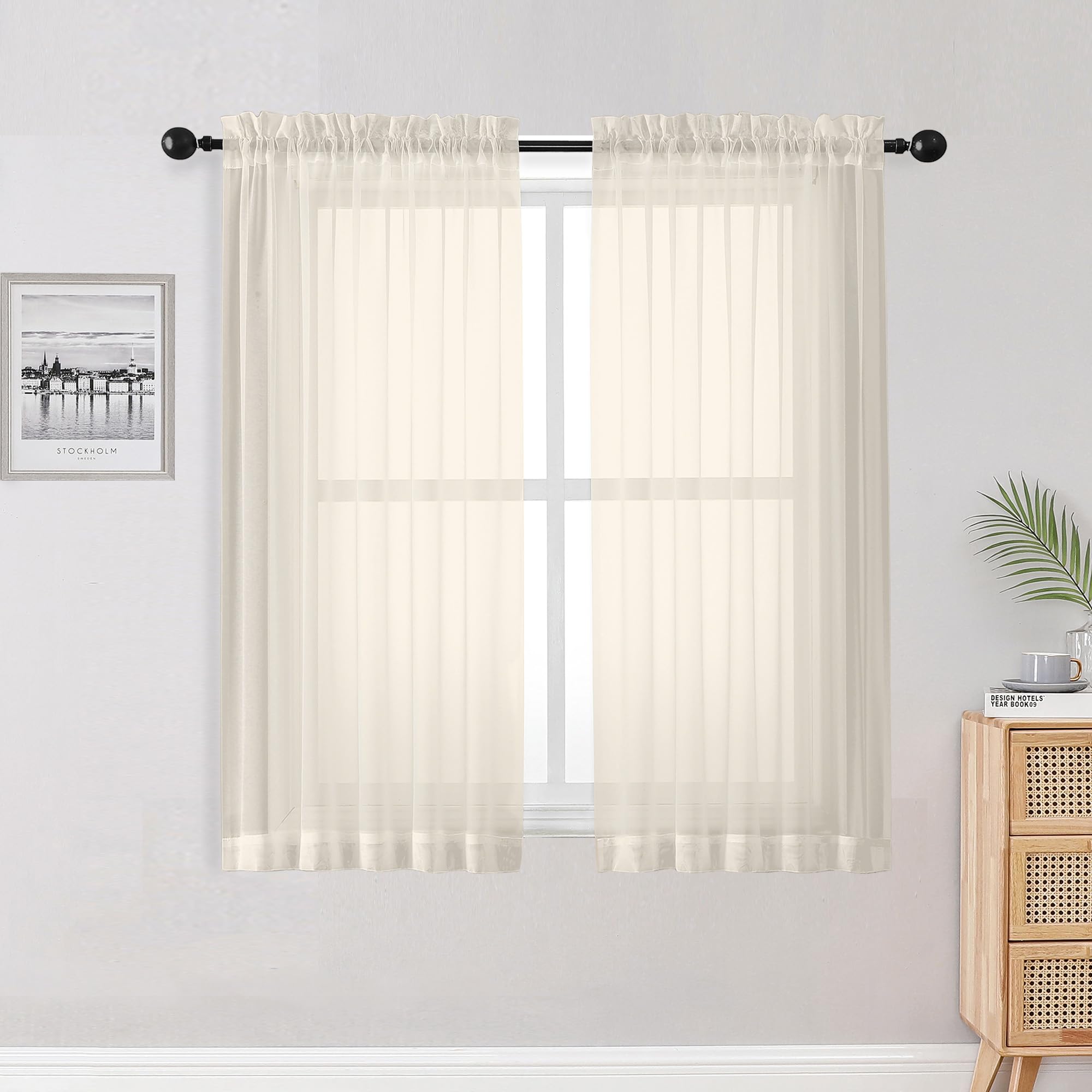 OWENIE Sheer Curtains 54 inches Long 2 Panles for Living Room Bedroom Small Windowm, Rod Pocket Light Filtering Voile Sheers Drapes, 42" W x 54" L, Cream