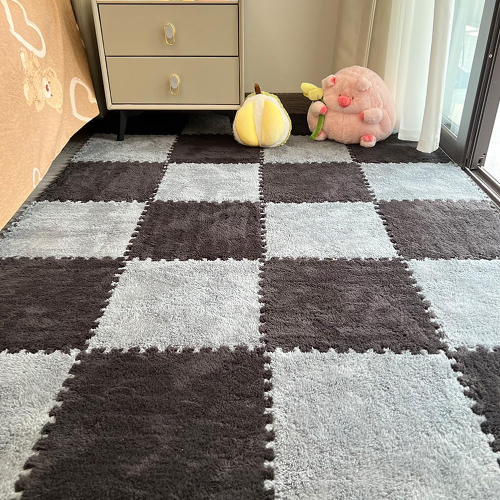 10Pcs Foam Play Mat 30x30cm Plush Square Interlocking EVA Foam Floor Tiles,Anti-Slip Play Area Rug Living Room Bedroom Gym Floor Protector (Grey Black,0.6cm Thick)