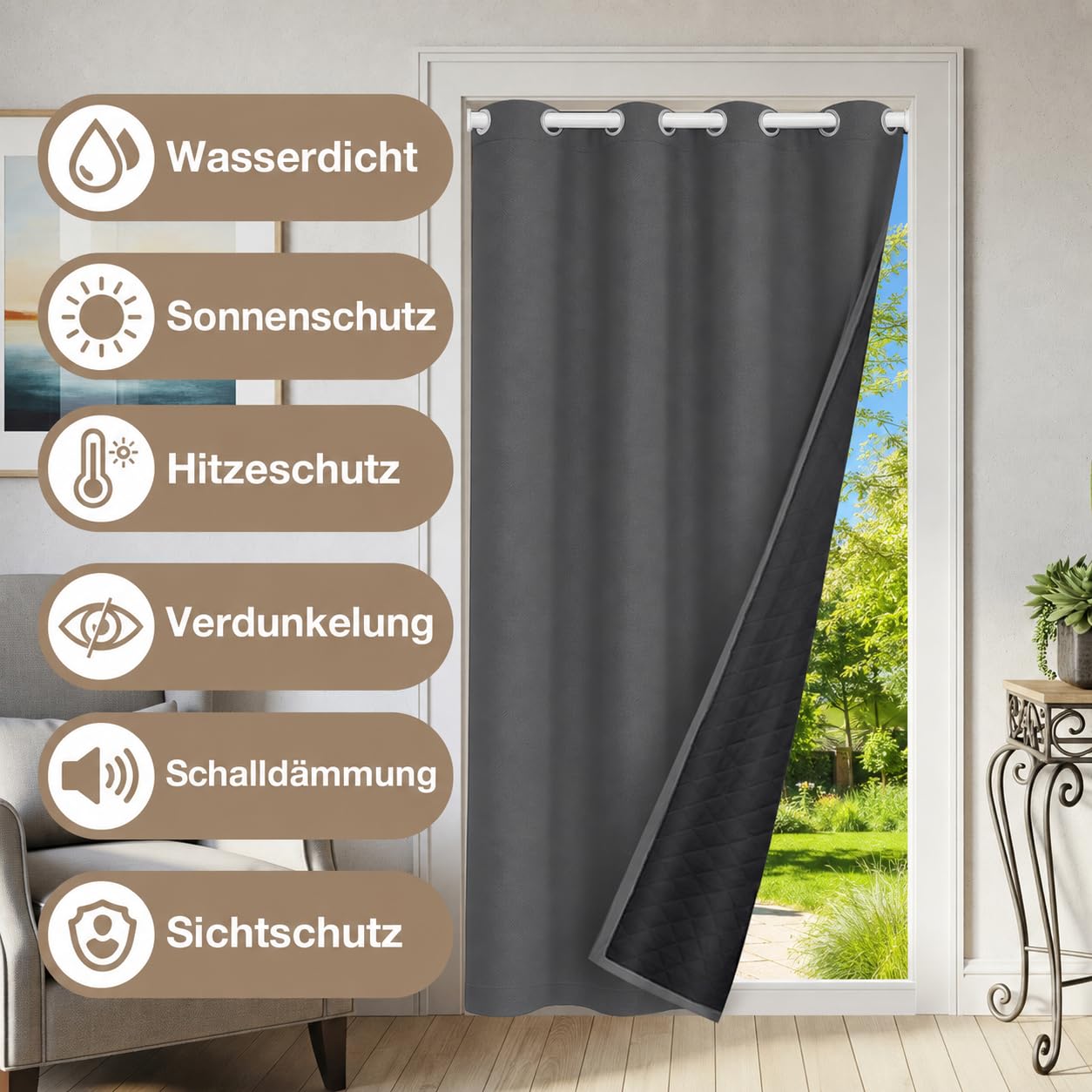Thermovorhang Kälteschutz Türvorhang Wasserdicht, 1 Stück Mehrlagig Dicker Wärmeschutzvorhang Tür mit Ösen, Verdunklung Gegen Kälte und Hitzen für Haustür, Schlafzimmer(Grau, B110xH203cm)