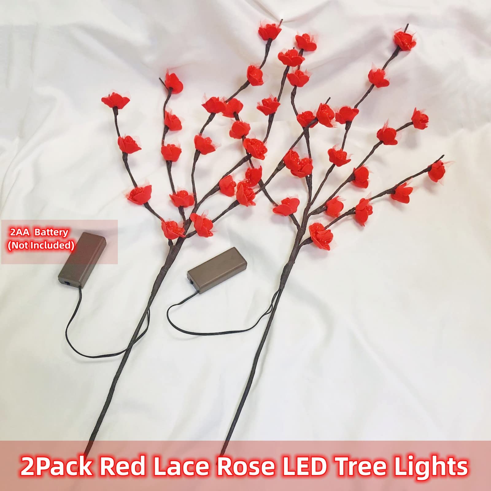 Riaxuebiy 2 Pack Red Rose LED Twig Lights, Lighted Artificial Lace Rose Flower Tree Branch Lights - Image 2