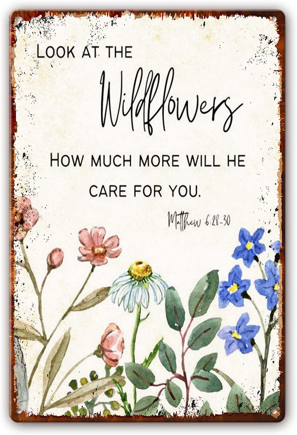 Preeklen Tin Sign 060 Look At The Wildflowers, Matthew 6 28 Metal Tin Sign Scripture Wall Decor Bible Verse Wall Art Paintings Artwork Painting Prints Vertical Pictures Wall Decor For Home 12X16 Inch