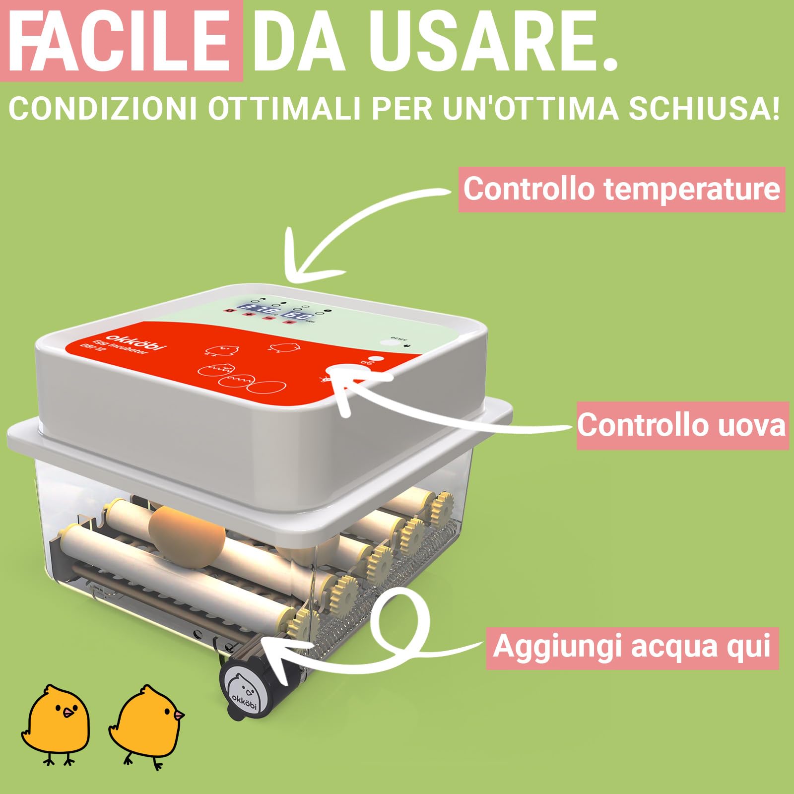 Incubatrice per Uova - 12 Uova - Ideale per Tutte Le età - Incubatrice per Uova Automatica Piccola con Girauova Automatico e Controllo umidità - Lampada sperauova - 5 Anni di Garanzia OBI-12