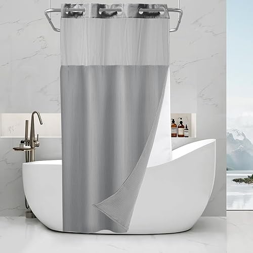 Vista 44 de Cortina de ducha de tortugas marinas, temática náutica de playa, verde y verde azulado, sin ganchos, punto gofre y forro desmontable, decoración