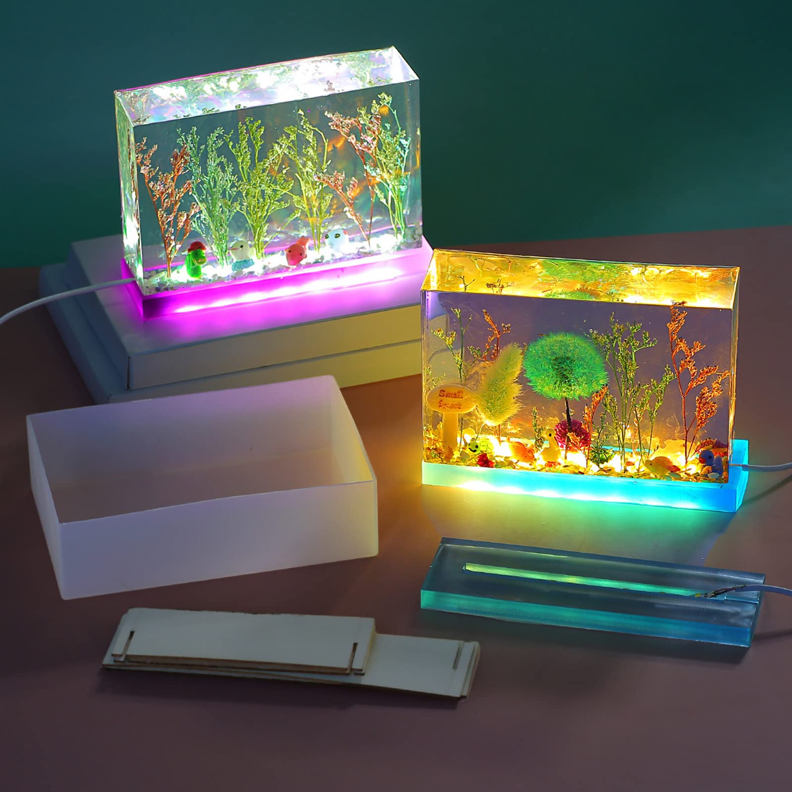 4 Pcs Square Light Resin Silicone Molds Lamp Holder Molds for Flower Preservation with USB Light for DIY Epoxy Resin Casting Craft Desktop Ornaments Table Candle Home Decorations