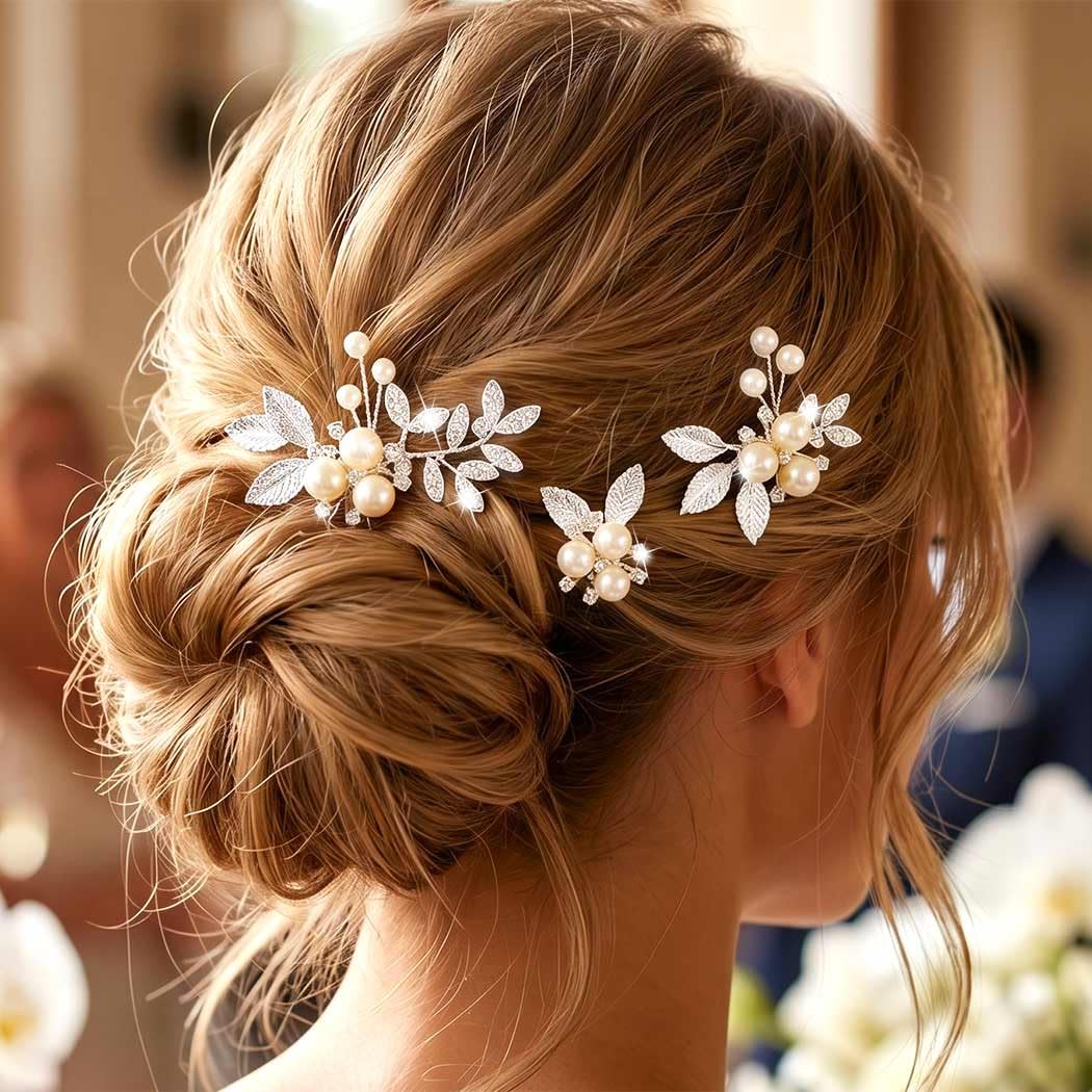 Heread Pearl Bride Wedding Hair Pins Silver Rhinestone Bridal Hair Accessories Leaf Hair Clips for Women and Girls (Pack of 3）