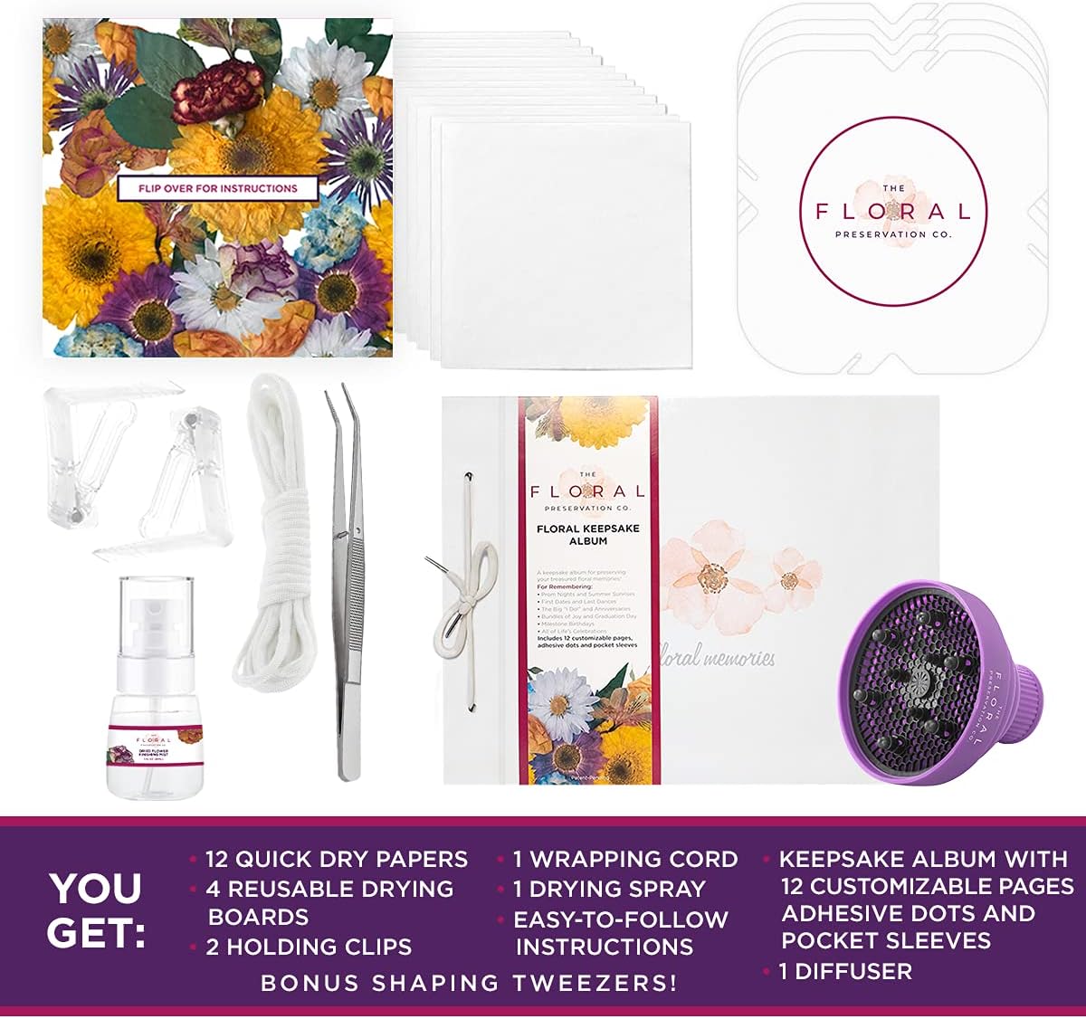 Floral Preservation Kit, Flower Drying Kit Includes Album, Press Drying Boards, Quick Dry Papers, Holding Clips, Wrapping Cord, Drying Spray & Shaping Tweezers, Diffuser, Create Flower Drying Art