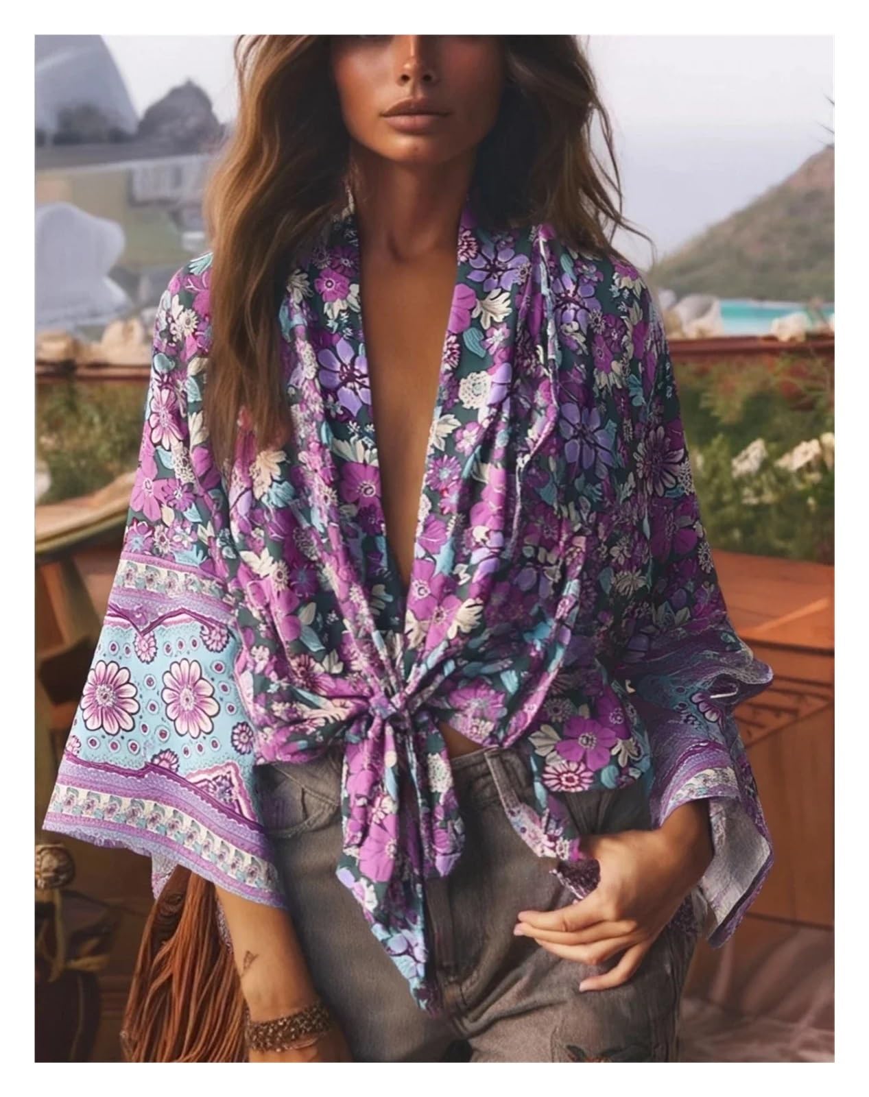 Sexy Vestido De Baño Cubrir Ropa Kimono corto con estampado floral y fajas for mujer, pareo de bikini for playa