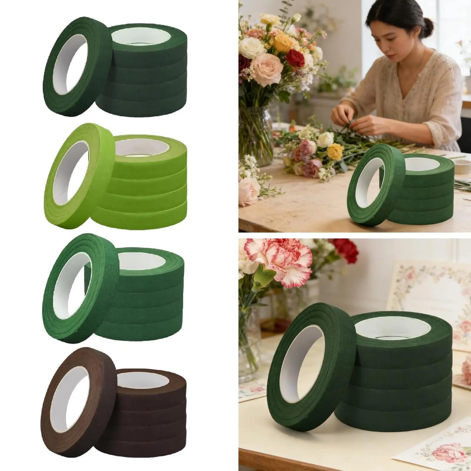 Juego De 5 Rollos Cinta Floral, Material Tela, Suministros for Envolver Arreglos DIY for Manualidades Ramo Boda Para Envolver Tallos de Ramo(Dark Green)
