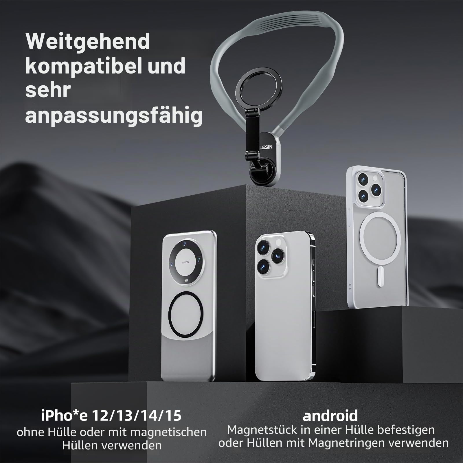 TELESIN Magnetische Nackenhalterung für Telefone, Nacken-Telefonhalter POV/Vlog Selfie-Halterung Hand frei Telefon-Halshalterung Bruststativgurt Videoaufnahme iPhone 17 16 15 14 13 12 Android (Grau)