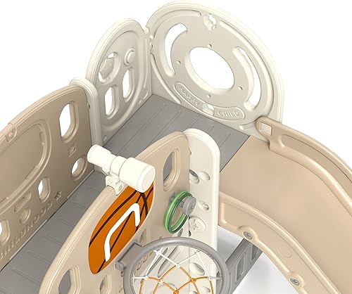 Miniatura 9 de Qaba Juego de toboganes 7 en 1 para niños de 1 a 6 años con lanzamiento de anillo, aro de baloncesto, telescopio, patio de juegos interior con