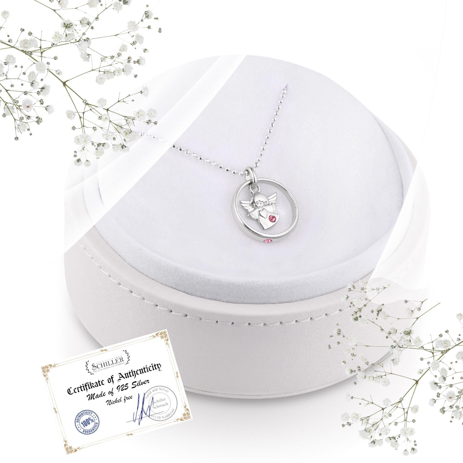 fish Collana Bambina In Argento Sterling Con Ciondolo Angelo E Cristallo Rosa Per Battesimo