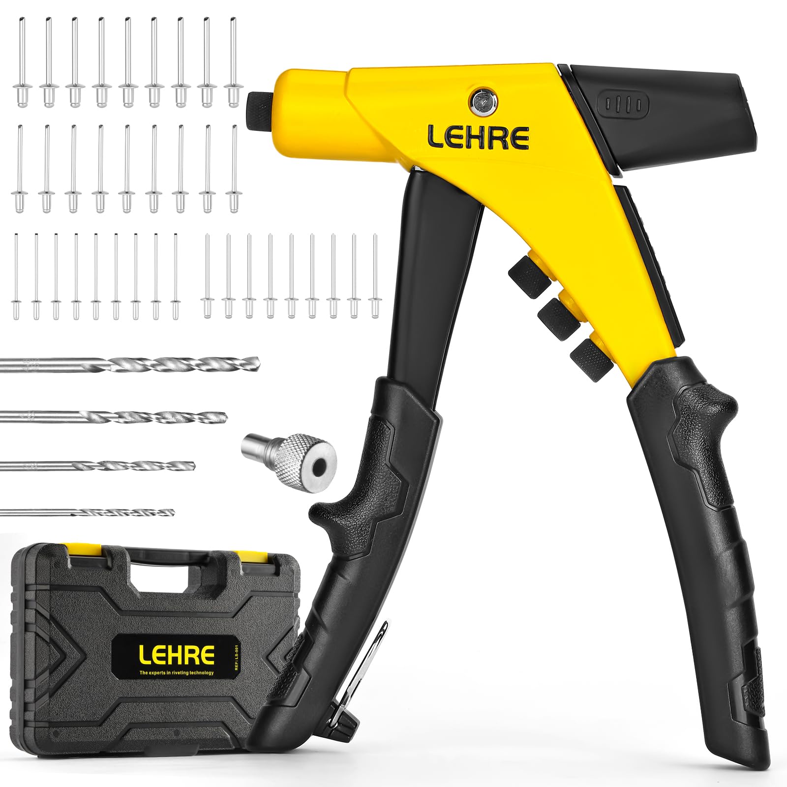 LEHRE Safety Rivet Gun, One-Handed Pop Rivet Gun Set, Heavy Duty Riveter with Mandrel Container, Tool-Free Interchangeable Heads