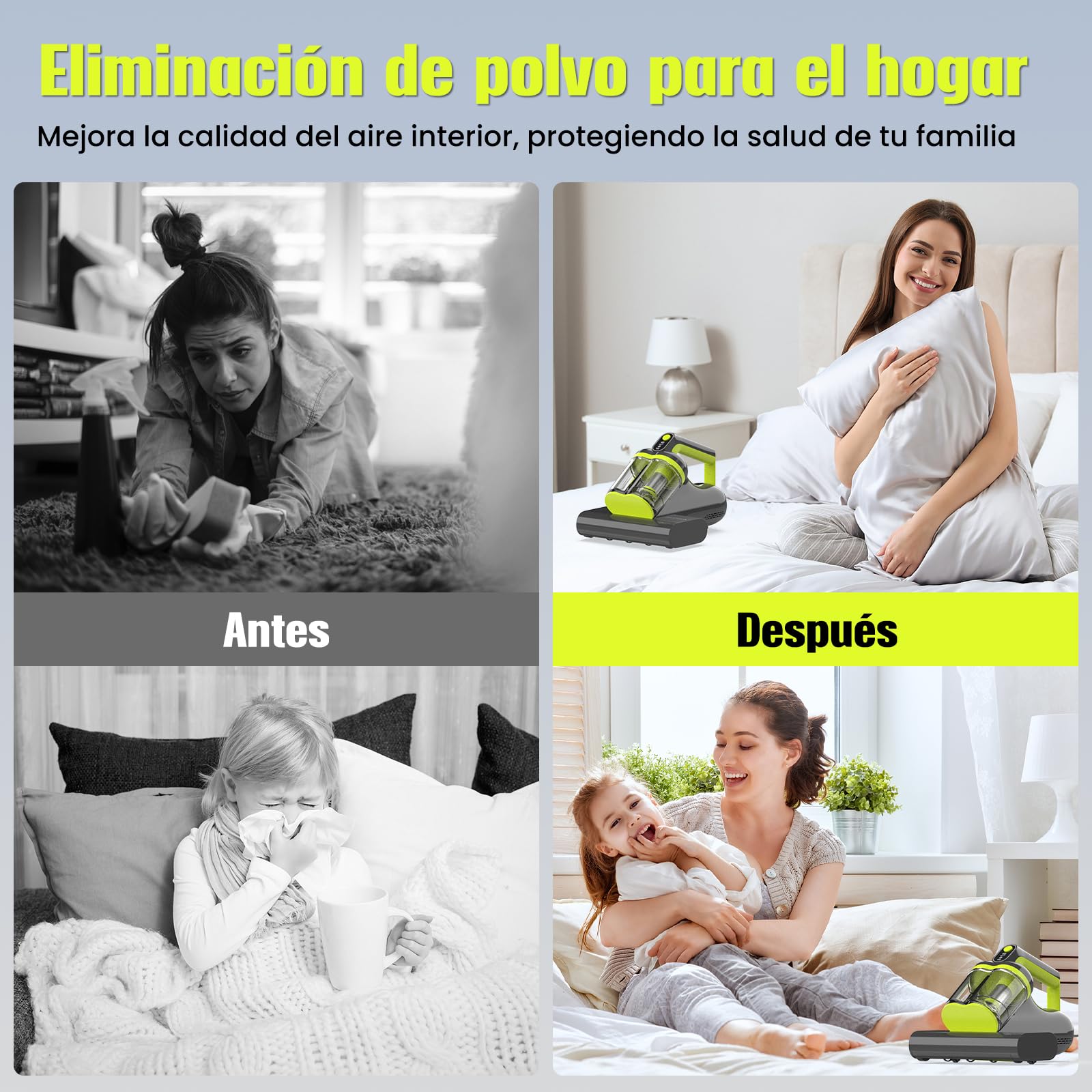 HYCHIKA Aspiradora Antiacaros para Colchones - 16 kPa Aspiradora de acaros,ultrasónica,Aspirador para alérgicos,Doble Tornado,Elimina 99.92%,Aire Caliente a 60° para Camas, sofás, alfombras