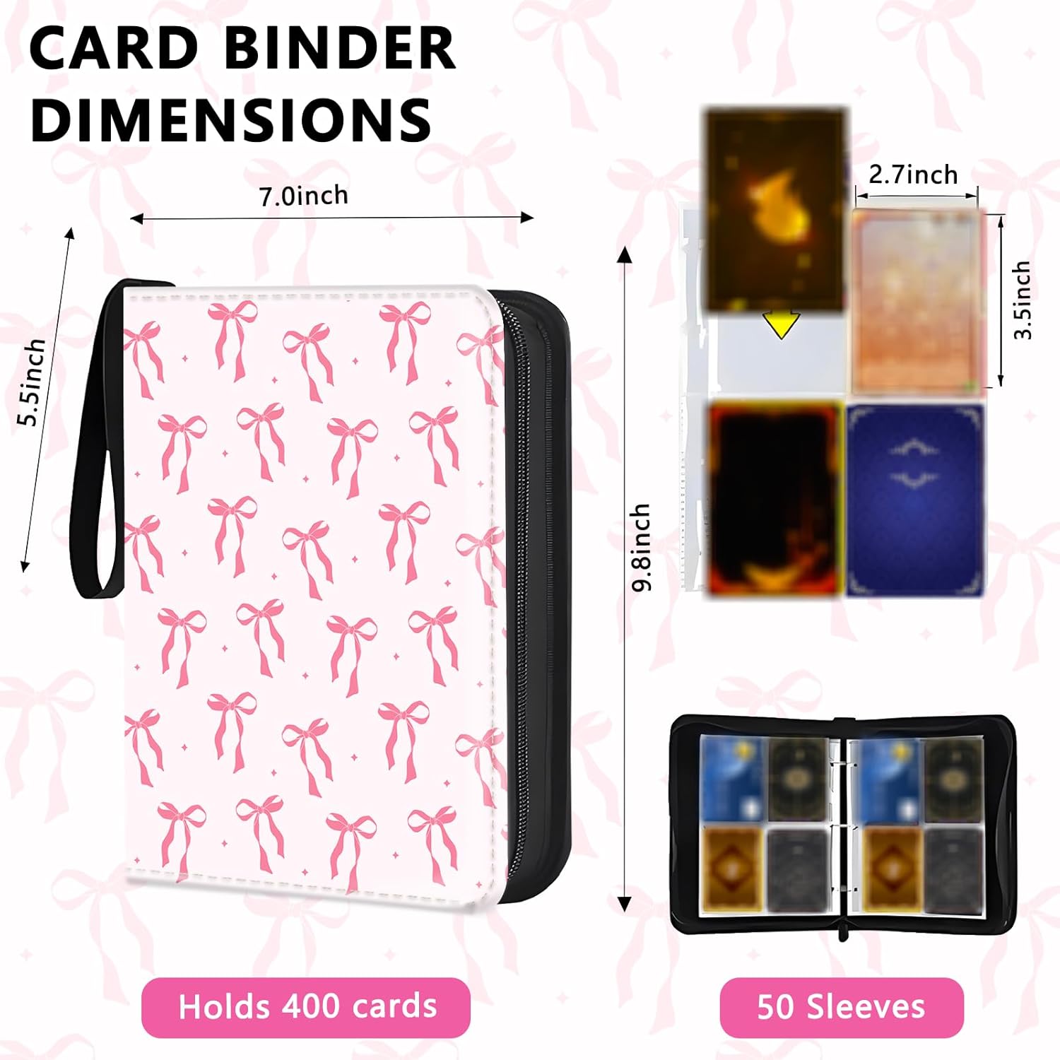 Card Binder for Girls Gifts 4 Pocket with 50 Sleeves 400 Cards Collectible Trading Binder Case Cute Album Holder Game sports collector supplier provides books、for MTG,TCG & Sport Cards(Cute pink bow)