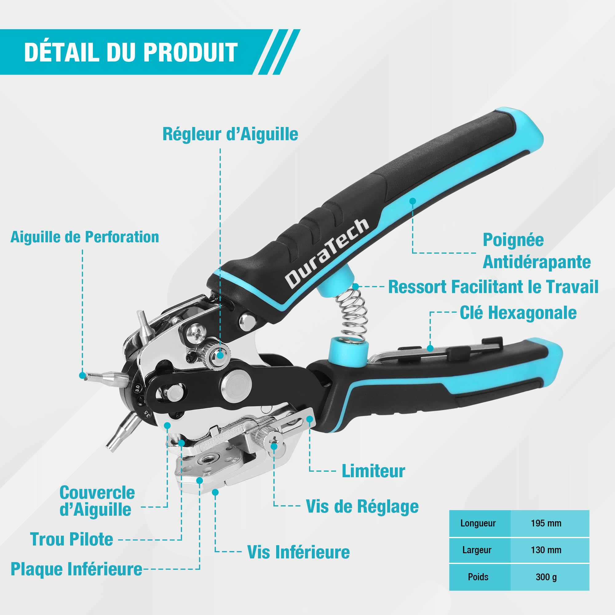 DURATECH Pince Perforatrice Rotative avec 6 Tailles de Poinçon Interchangeables, Outil de Perforation avec Règle pour Cuir, Ceinture, Tissu, Papier, Carte, Plastique, Sac